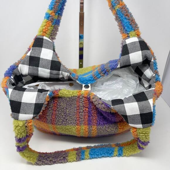 Fluffy Teddy Fur Tote Bag Orange Purple Plaid Retro‎ Shopper Orange Purple Blue - Picture 7 of 8